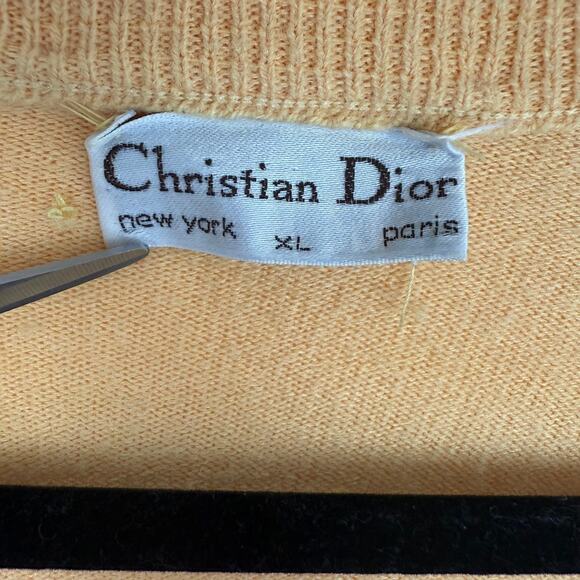 Vintage Christian Dior Mens V-Neck Yellow Knit Acrylic Long Sleeve Sweater XL - Picture 9 of 10